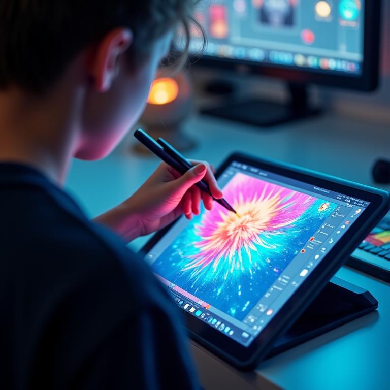 Estudiante creando ilustración digital en tablet con software de diseño avanzado