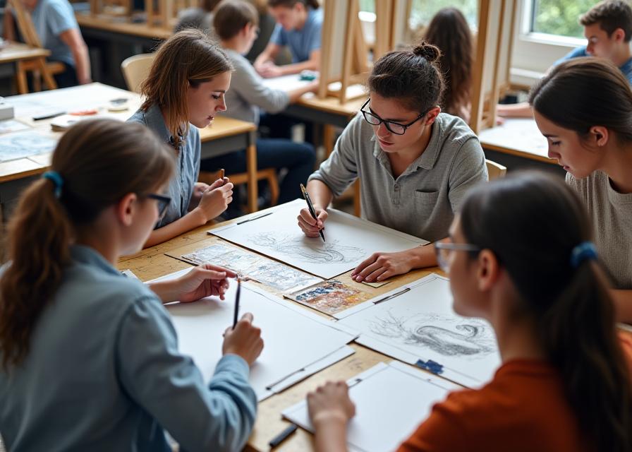 Estudiantes aprendiendo técnicas de dibujo y pintura en CieloArte Studio